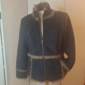 Faux-Suede Navy Jacket with Faux-Fur Trim